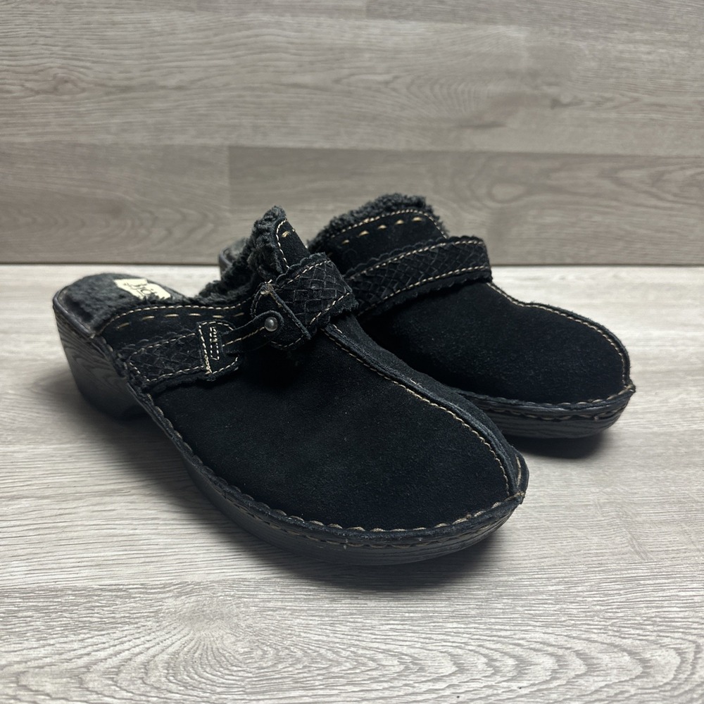 BJORNDAL "PETRA" Black Leather Mule Women Size 10‎ Clog Heel Shoe Furry Lined
